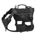 Black dog harness shown flat, with adjustable straps, quick-release buckles, and top handle