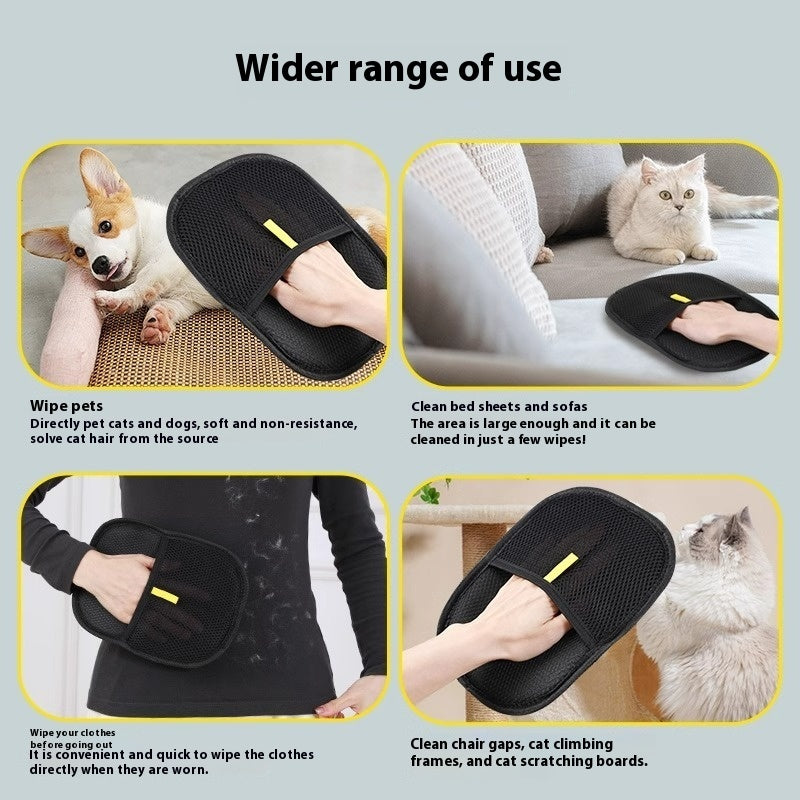 grooming glove used on pets, furniture, and clothing in four examples
