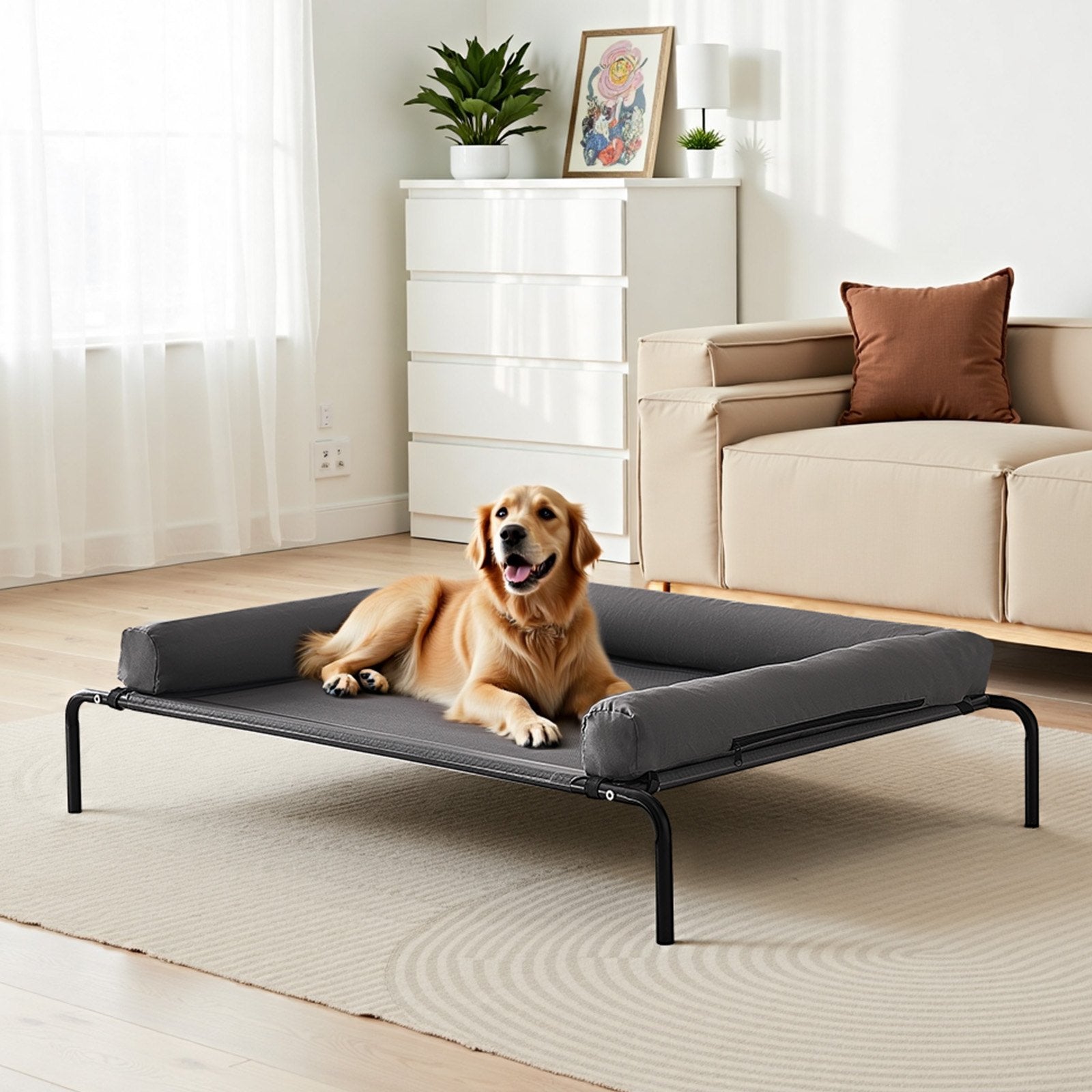 golden retriever resting on gray elevated dog bed in bright living room