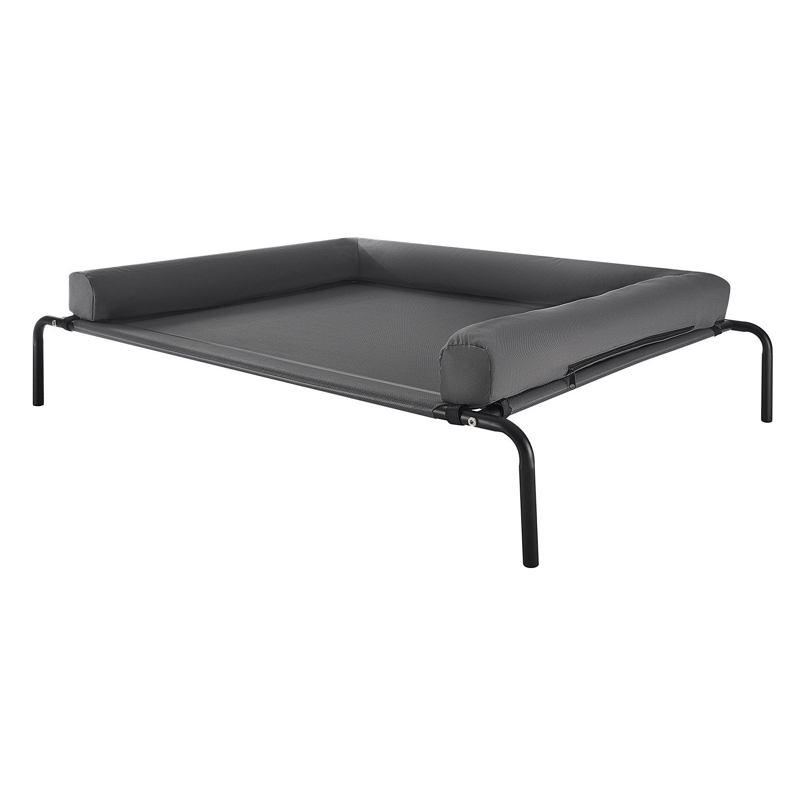 gray elevated mesh dog bed with raised bolster sides on four legs