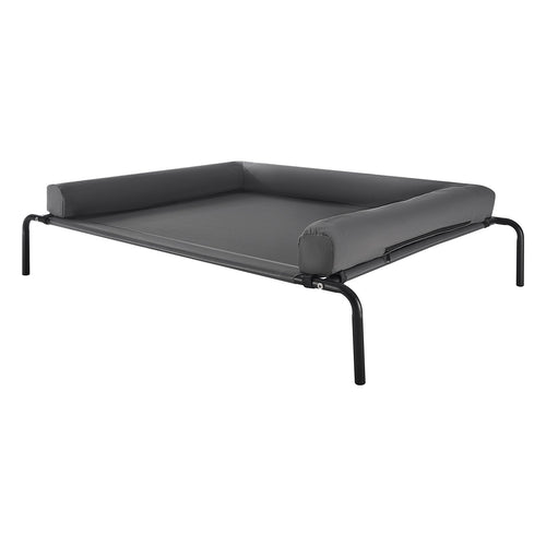 gray elevated mesh dog bed with raised bolster sides on four legs