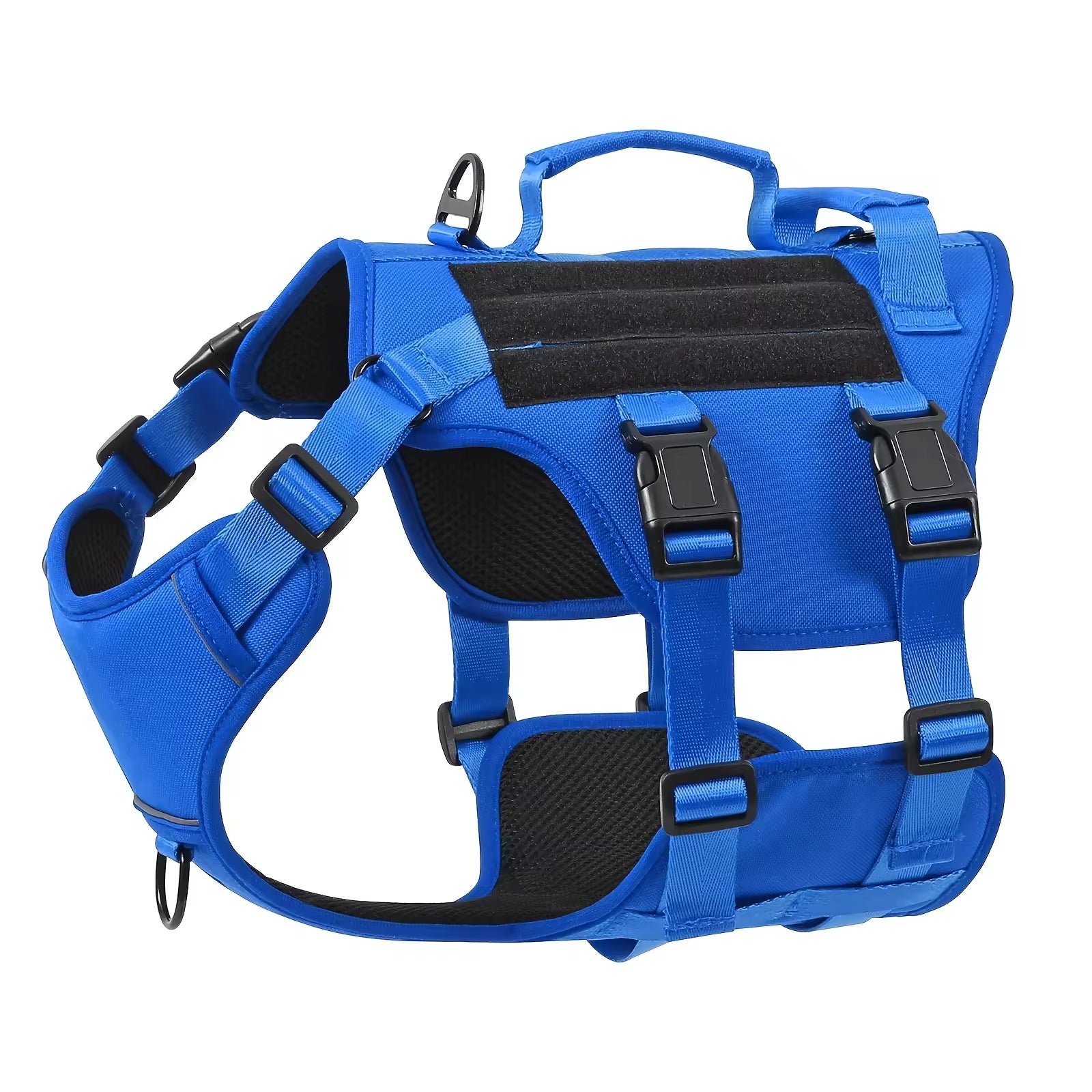 Blue dog harness shown flat, with adjustable straps, quick-release buckles, and top handle