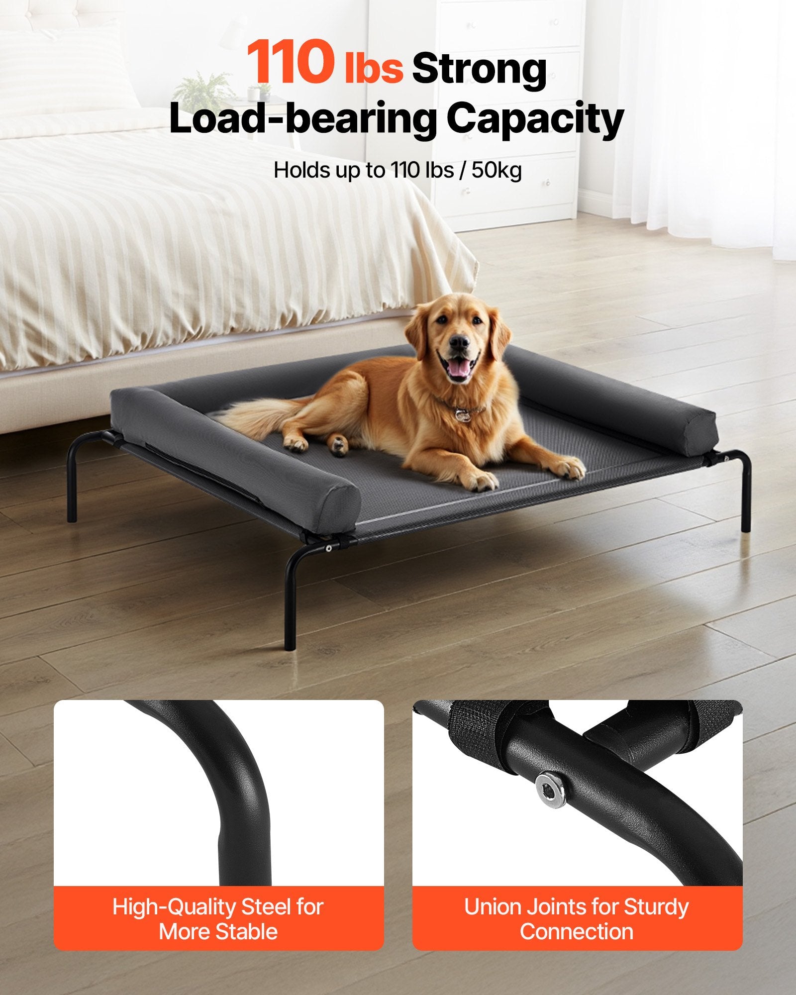 golden retriever on elevated dog bed with steel frame rated for 110 pounds