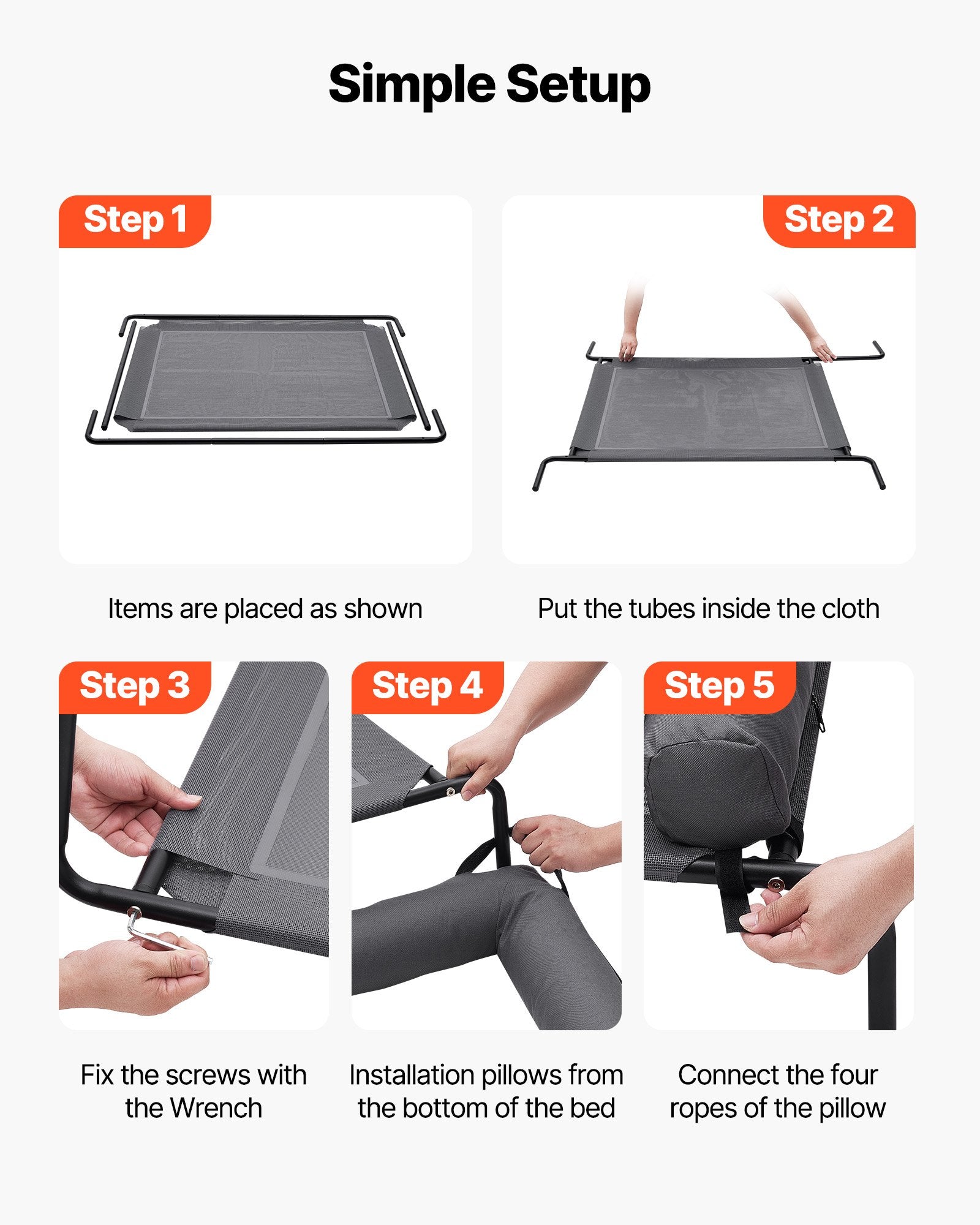 five step assembly instructions for elevated dog bed frame