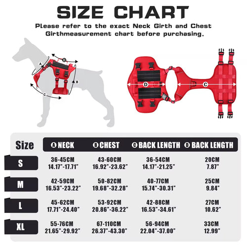 Dog harness size chart showing neck girth and chest girth measurements for sizes S, M, L, and XL