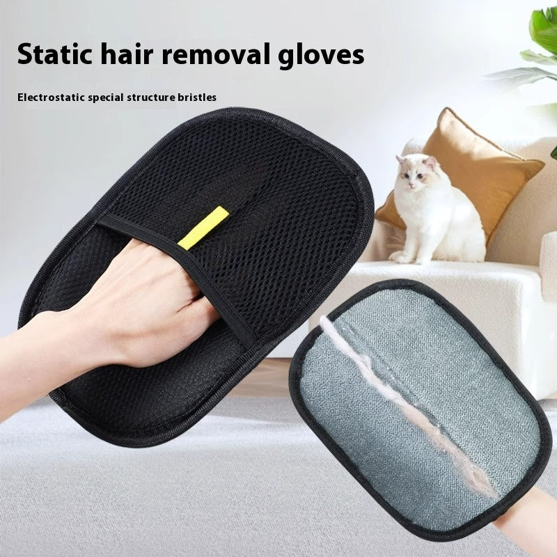 static hair removal glove with electrostatic bristles beside cat on sofa
