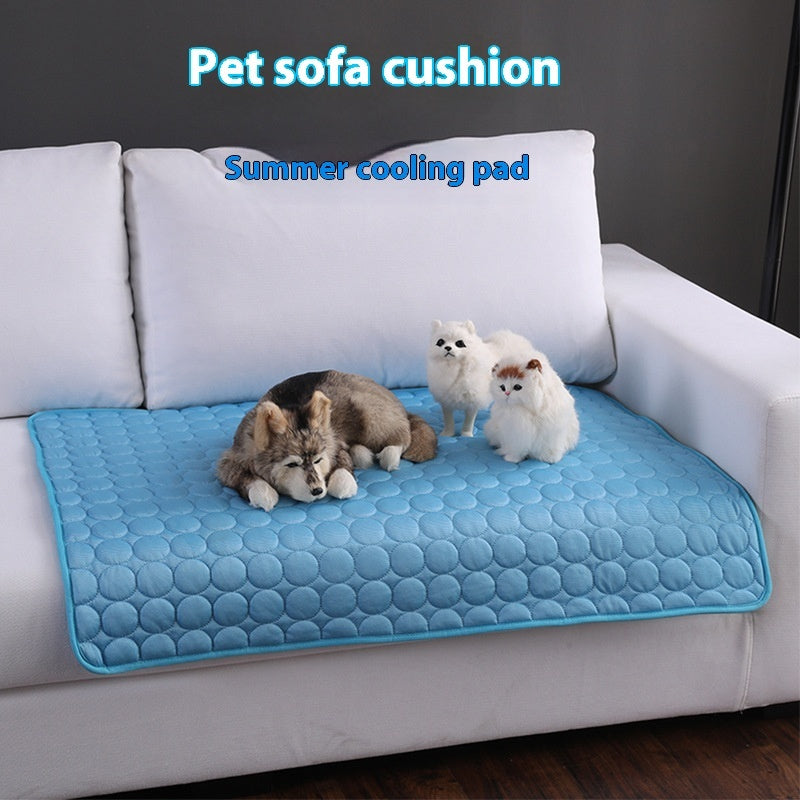 small dog and two cats resting on blue cooling pad on sofa